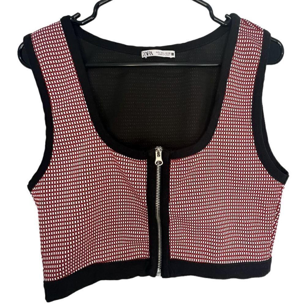 ZARA Black and Red Zip Up Front Ultra Cropped Stretchy Tank Top